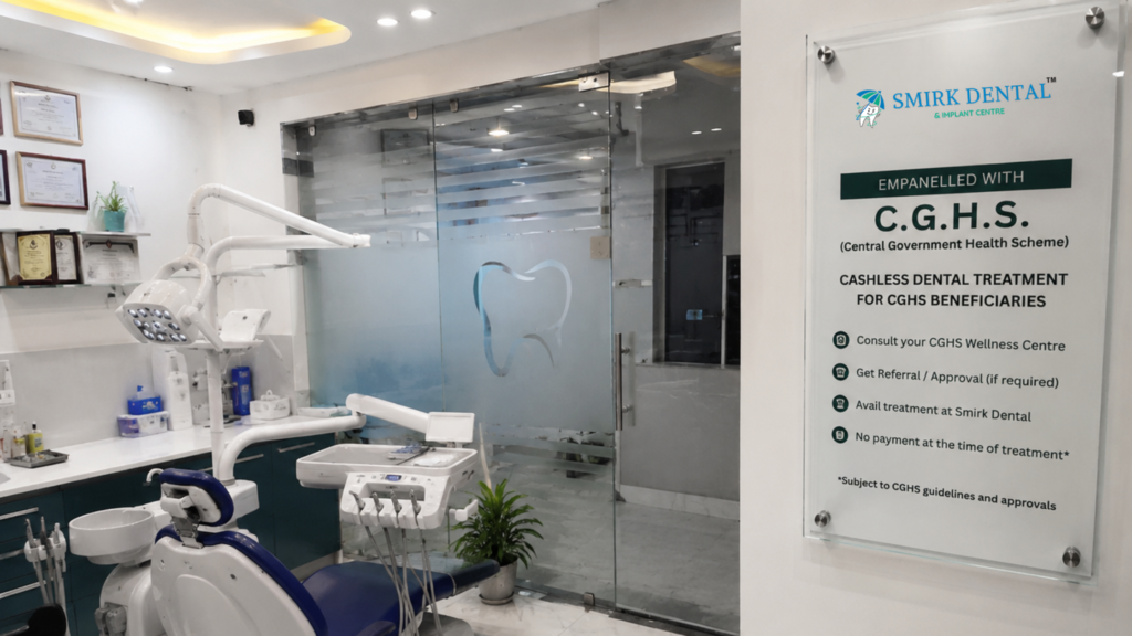 CGHS empanelment signage at Smirk Dental Laxmi Nagar