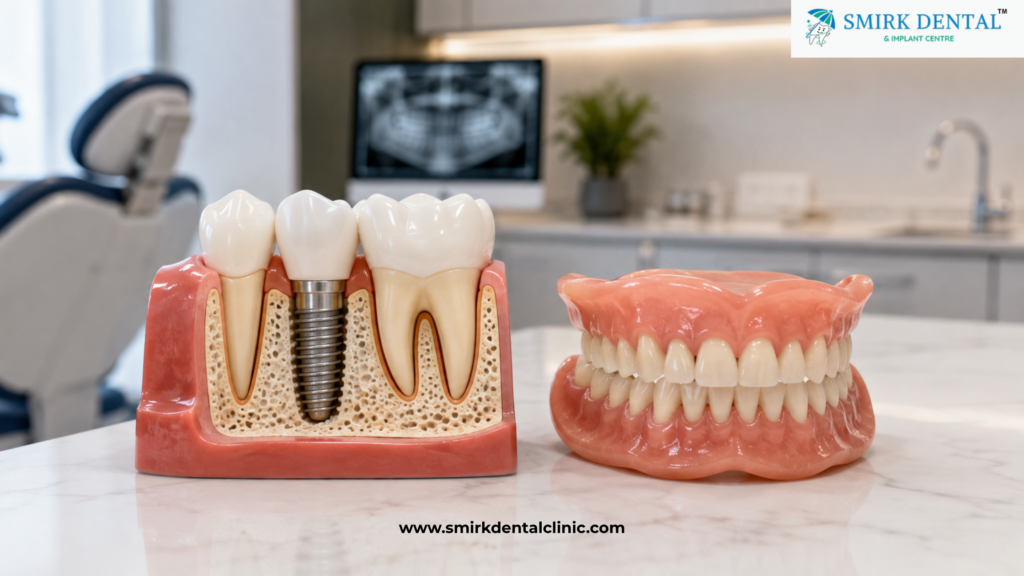 Dental implant and denture models showing the difference between implants and dentures