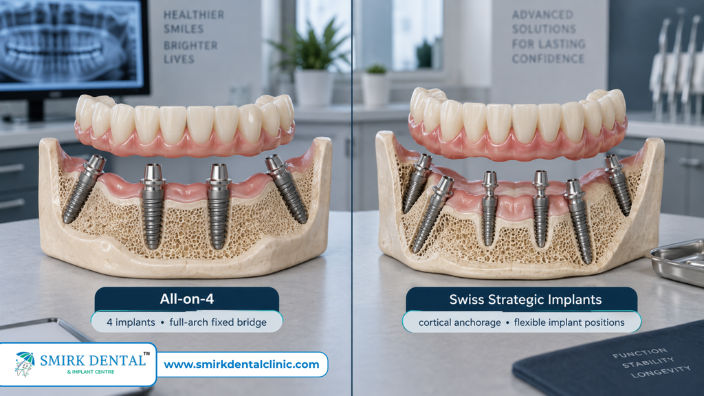 All-on-4 and Swiss Strategic Implant designs showing different implant positions and bone anchorage