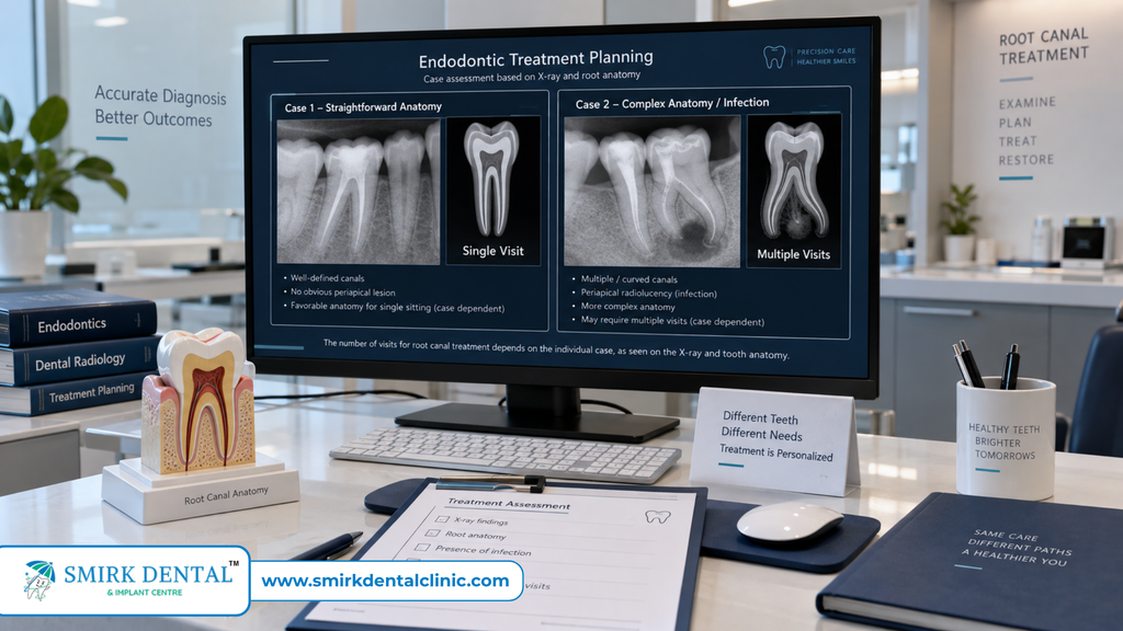 Dental X-ray and root canal planning showing single-sitting and multi-visit RCT cases