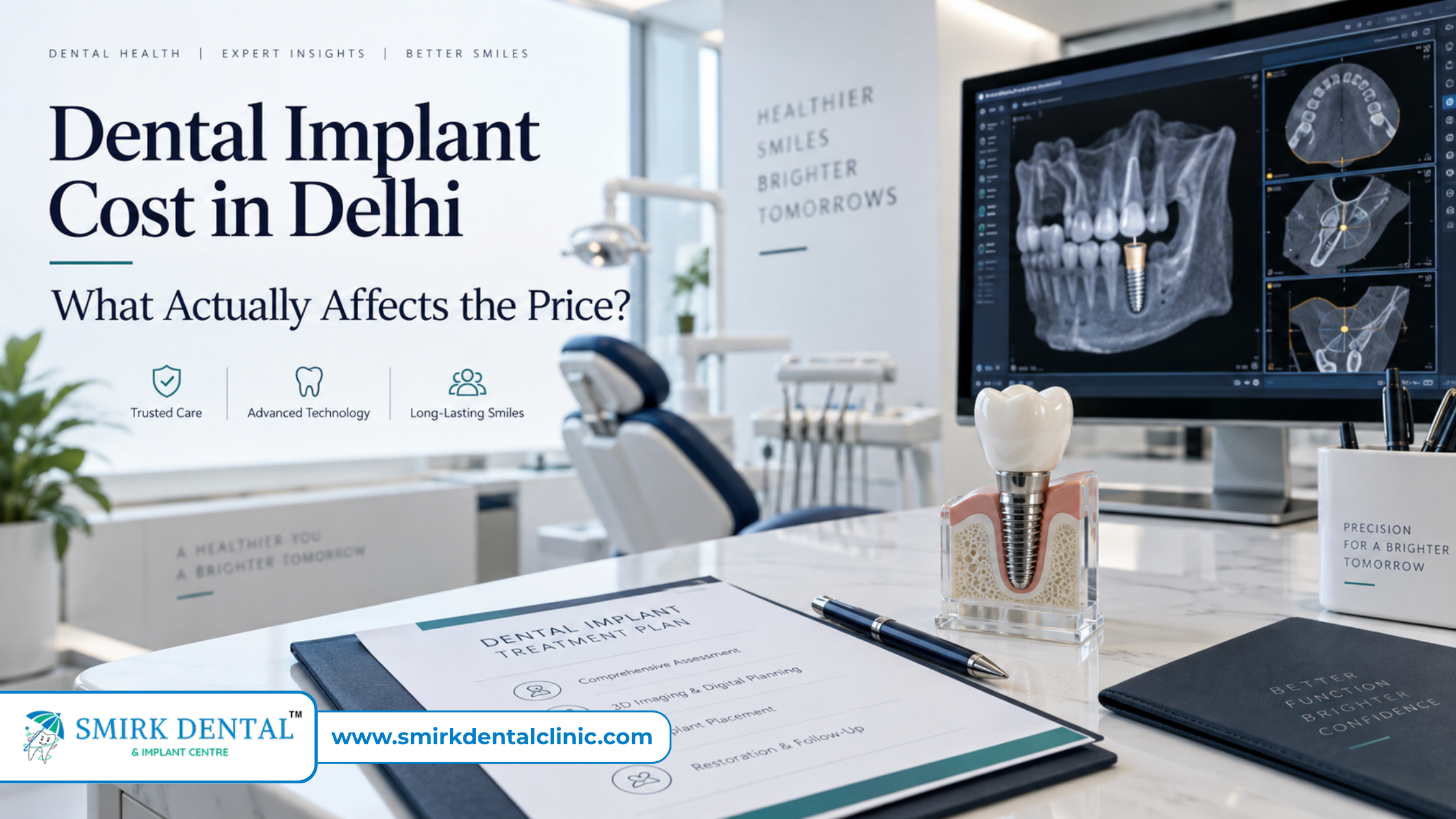 Dental implant cost in Delhi explained with implant model and CBCT treatment planning at Smirk Dental Laxmi Nagar