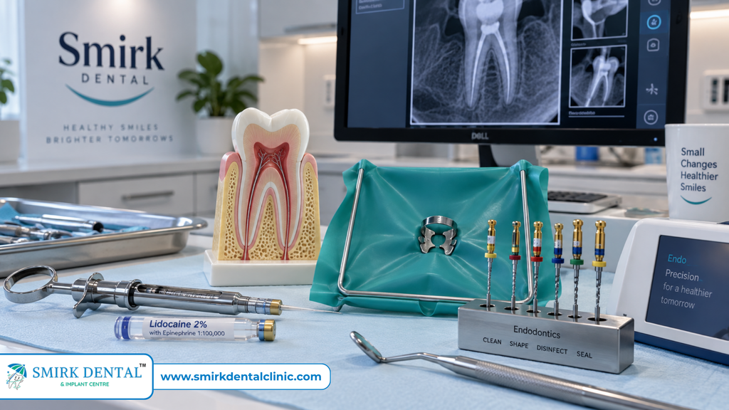 Modern painless root canal setup with local anaesthesia rubber dam and rotary instruments