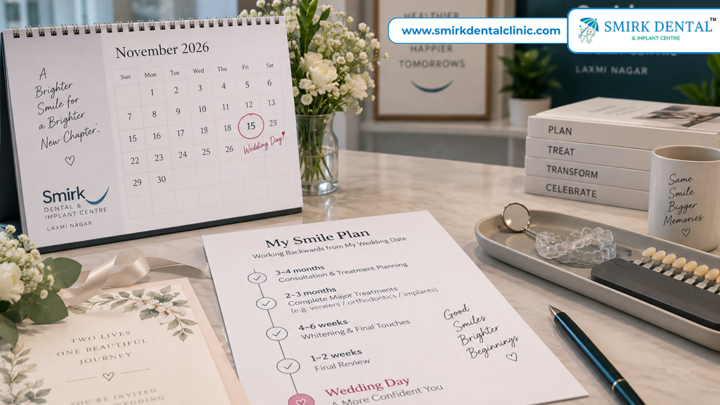 Wedding smile makeover planning timeline for whitening veneers and bonding in Delhi