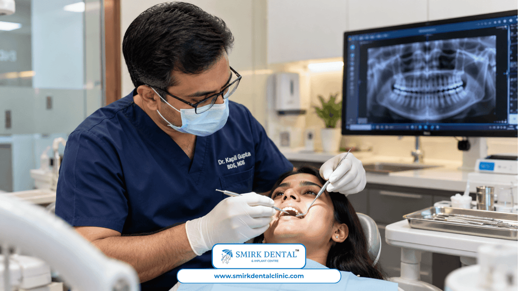 Dentist examining a patient's gums during a check-up at Smirk Dental, Laxmi Nagar