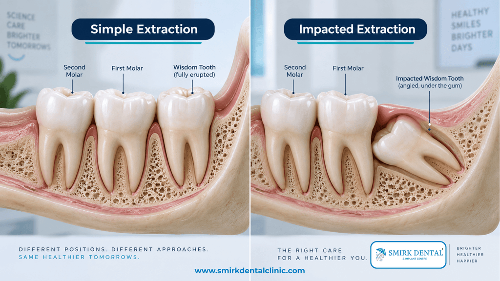 Simple and impacted wisdom tooth comparison showing different extraction situations