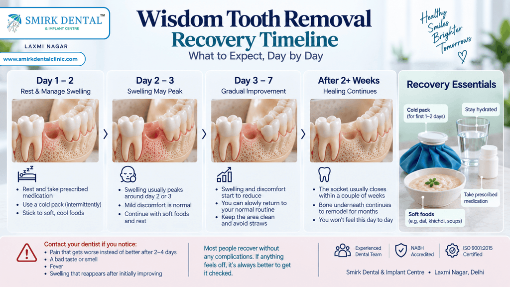 Wisdom tooth removal recovery timeline showing swelling rest and socket healing